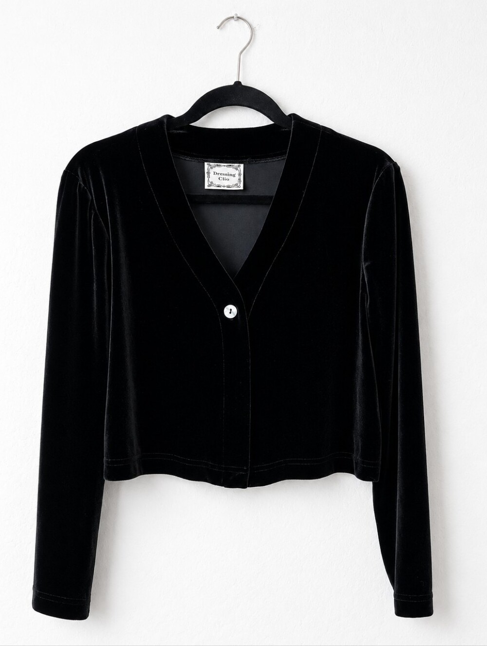 Vintage 90s Dressing Clio Black Velvet Cropped Cardigan Made USA Minimalist M